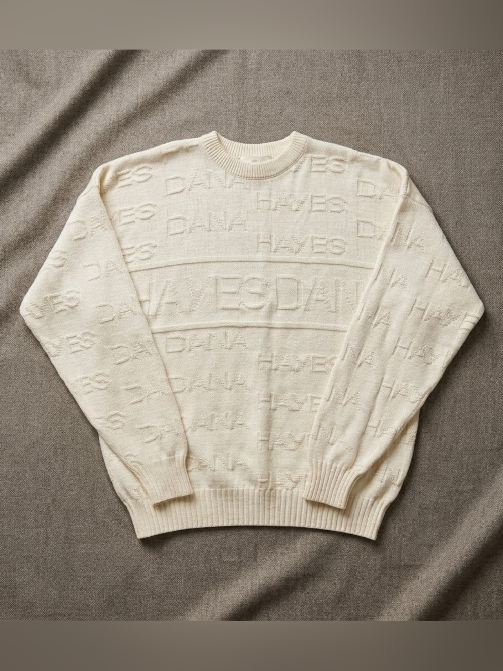Vintage Premier Dana Hayes Knit Sweater Cream Monogram Spell Out Mens XL